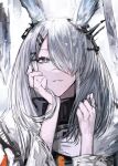  1girl absurdres animal_ear_fluff animal_ears arknights frostnova_(arknights) grey_eyes grey_hair hair_ornament hair_over_one_eye hairclip hand_on_own_cheek hand_on_own_face highres long_hair long_sleeves looking_at_viewer parted_lips rabbit_ears scar scar_on_face scar_on_nose signature smile solo upper_body yuki_flourish 