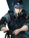  1boy adjusting_clothes adjusting_gloves alternate_costume aqua_background aqua_pants aqua_shirt arm_guards bangs black_gloves blue_hair collared_shirt cowboy_shot donkey_fgo fate/grand_order fate_(series) glove_in_mouth gloves hat highres korean_commentary load_bearing_vest male_focus mixed-language_commentary mouth_hold open_collar police police_hat police_uniform saitou_hajime_(fate) shirt short_hair sideways_glance single_glove sleeves_rolled_up solo two-tone_background uniform walkie-talkie white_background yellow_eyes 