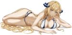  1girl absurdres alternate_costume arknights bangs bare_arms bare_shoulders bikini blonde_hair blue_eyes braid breasts cleavage closed_mouth highres horns large_breasts long_hair looking_at_viewer lying on_side saileach_(arknights) sideboob simple_background smile stomach swimsuit thighs white_background white_bikini yukiaka 