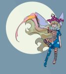  1girl american_flag_dress american_flag_pants arm_up bangs blonde_hair blue_dress blue_pants blue_sky breasts clownpiece dress fairy_wings fire flying hand_up hat holding holding_torch jester_cap kaigen_1025 long_hair looking_to_the_side medium_breasts moon multicolored_clothes multicolored_dress multicolored_pants neck_ruff night night_sky no_shoes open_mouth pants pantyhose pink_eyes pink_fire pink_headwear polka_dot red_dress red_pants short_sleeves sky smile solo star_(symbol) star_print striped striped_dress striped_pants torch touhou very_long_hair white_dress white_pants wings 