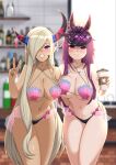  2girls asymmetrical_horns bangs bare_shoulders black_nails blonde_hair blue_eyes blush breast_press breasts cafe cleavage coffee_cup commission corrin_(fire_emblem) corrin_(fire_emblem)_(female) corrin_(fire_emblem)_(female)_(cosplay) cosplay cup disposable_cup dragon_girl fire_emblem fire_emblem_engage fire_emblem_fates grey_horns hair_ornament hair_over_one_eye hand_on_another&#039;s_hip highres holding horns ivy_(fire_emblem) large_breasts long_hair mature_female multiple_girls oppaihobby pointy_ears purple_eyes purple_hair purple_ribbon revealing_clothes ribbon shell shell_bikini smile tan tassel tassel_hair_ornament thighs v very_long_hair zephia_(fire_emblem) 