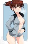  1girl areola_slip artist_logo ass_visible_through_thighs bangs bird black_jacket blue_background blue_jacket blunt_bangs blush breasts breath collarbone commentary cowboy_shot girls_und_panzer grin hair_up hand_in_pocket highres ichijou_takakiyo jacket keizoku_military_uniform light_blush lips long_sleeves looking_at_viewer medium_breasts midriff mikko_(girls_und_panzer) naked_jacket navel no_pants no_shirt open_clothes open_jacket opened_by_self outside_border partially_unzipped red_eyes red_hair seal_script short_twintails smile solo standing twintails zipper zipper_pull_tab 
