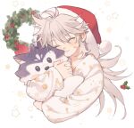  1boy alternate_costume bangs blush christmas closed_eyes commentary genshin_impact grey_hair hair_between_eyes hat holding holding_stuffed_toy holly long_hair long_sleeves male_focus pajamas razor_(genshin_impact) razor_is_cute santa_hat scar scar_on_cheek scar_on_face simple_background smile solo star_(symbol) stuffed_animal stuffed_toy stuffed_wolf symbol-only_commentary upper_body wreath 