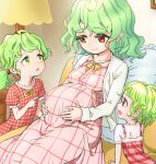  3girls bangs commentary commentary_request commission couch dress female_child frills gingham_dress green_eyes green_hair hands_on_own_stomach kazami_yuuka lamp maternity_dress mother_and_daughter motherly multiple_girls open_mouth overshirt pillow plaid plaid_dress pointing pointing_at_another pregnant red_dress red_eyes ribbon s-a-murai shirt short_hair short_ponytail sitting skeb_commission smile touhou white_shirt yellow_ribbon 