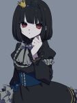  1girl akahito_(akaironotanin) bangs black_dress black_hair commentary crown dress frilled_dress frills gothic_lolita grey_background hairband hand_up highres lolita_fashion looking_at_viewer medium_hair mini_crown original parted_lips red_eyes simple_background solo upper_body 