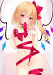  1girl bangs blonde_hair blush bow breasts christmas collar crystal flandre_scarlet groin hair_between_eyes long_hair looking_at_viewer mouth_hold naked_ribbon navel nude one_side_up red_eyes red_ribbon ribbon ribbon_in_mouth simple_background small_breasts solo tosakaoil touhou wedgie wings 
