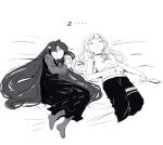  2girls cellphone commentary dress hololive hololive_english long_dress long_hair lying midriff monochrome mori_calliope multiple_girls navel ninomae_ina&#039;nis official_alternate_costume on_back on_bed on_side phone pointy_ears ponytail sleeping smartphone symbol-only_commentary virtual_youtuber yuuyu_(777) zzz 