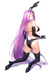  1girl animal_ears ass bangs bare_shoulders bikini black_bikini breasts facial_mark fake_animal_ears fate/stay_night fate_(series) forehead forehead_mark highres kneeling large_breasts long_hair looking_at_viewer looking_back medusa_(fate) medusa_(rider)_(fate) minami_koyogi parted_bangs purple_eyes purple_hair rabbit_ears rabbit_tail sidelocks solo swimsuit tail very_long_hair 