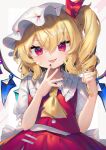  1girl :p ascot bangs blonde_hair closed_mouth collared_shirt commentary_request crystal drill_locks fangs flandre_scarlet frilled_shirt_collar frills gradient_nails gunjou_row hands_up hat hat_ribbon highres looking_at_viewer medium_hair mob_cap nail_polish one_side_up puffy_short_sleeves puffy_sleeves red_eyes red_nails red_skirt red_vest ribbon shirt short_sleeves skirt slit_pupils smile solo tongue tongue_out touhou upper_body vest white_headwear white_shirt wings yellow_ascot 