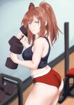  1girl alternate_costume black_bra bra breasts brown_hair commentary_request cowboy_shot dumbbell grey_eyes gym gym_shorts hair_between_eyes highres kantai_collection large_breasts ponytail red_shorts saratoga_(kancolle) shingyou_(alexander-13) shorts side_ponytail sidelocks solo sports_bra underwear 