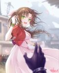  1boy 1girl aerith_gainsborough bangle bangs blurry blurry_background blurry_foreground bracelet braid braided_ponytail breasts brown_hair cleavage cloud_strife cowboy_shot cropped_jacket dated dress final_fantasy final_fantasy_vii final_fantasy_vii_remake green_eyes hair_ribbon jacket jewelry long_dress long_hair looking_at_viewer medium_breasts necklace open_mouth out_of_frame outdoors outstretched_hand parted_bangs pink_dress pink_ribbon red_jacket ribbon short_sleeves sidelocks signature smile sylvia_m 