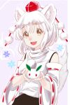  1girl :d animal_ear_fluff animal_ears bangs bare_shoulders black_skirt bogyaku_no_m food holding holding_food inubashiri_momiji mochi open_mouth pink_background pom_pom_(clothes) shirt short_hair skirt smile solo tail touhou white_hair white_shirt white_sleeves winter wolf_ears wolf_girl wolf_tail yellow_eyes 