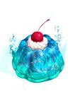  absurdres animal blue_theme cherry commentary dessert fish food food_focus fruit gelatin highres in_food no_humans original pixiv_id simple_background sweets twitter_username undersized_animal uroko_(rwde4544) whale whipped_cream white_background 