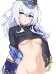  1girl black_shirt blue_eyes blue_headwear breasts clothes_lift girls&#039;_frontline girls&#039;_frontline_neural_cloud grey_hair lancer_(worudrleh1) long_hair looking_at_viewer medium_breasts navel no_bra open_clothes open_mouth out-of-frame_censoring shirt shirt_lift solo stomach striped striped_shirt triangle_mouth underboob undine_(girls&#039;_frontline_nc) upper_body vertical-striped_shirt vertical_stripes 