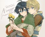  2boys ahoge black_hair blonde_hair blue_eyes cape closed_mouth flower gensou_suikoden gensou_suikoden_v gloves happy_new_year highres hug hug_from_behind looking_at_viewer male_focus multiple_boys natsuo_(hatohaco) original simple_background smile yaoi 