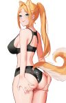  1girl absurdres animal_ears ass ass_grab bangs black_bra black_panties blonde_hair blue_eyes bra breasts closed_mouth cowboy_shot dog_ears dog_tail ear_piercing extra_ears fran_(gudanco_(nyanmeowzer)) grabbing_own_ass gudanco_(nyanmeowzer) highres large_breasts long_hair original panties parted_bangs piercing ponytail smile solo standing tail tail_through_clothes thick_eyebrows underwear 