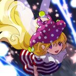  1girl american_flag_dress bangs blonde_hair blue_dress blue_pants clownpiece danmaku dress eyes_visible_through_hair fairy_wings flying hair_between_eyes hat jester_cap kaigen_1025 laser long_hair looking_at_viewer looking_up moon multicolored_clothes multicolored_dress neck_ruff open_mouth pants polka_dot purple_eyes purple_headwear red_dress short_sleeves smile solo star_(symbol) star_print striped striped_dress touhou white_dress wings 