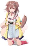  1girl absurdres animal_ears bone_hair_ornament breasts brown_hair cartoon_bone cleavage collar controller dog_ears dog_girl dog_tail game_controller hair_ornament highres holding holding_controller holding_game_controller hololive inugami_korone kneeling large_breasts listener_(inugami_korone) looking_at_viewer red_collar short_hair simple_background solo tail virtual_youtuber white_background yuuzuki_(re&#039;ef) 