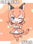 1girl animal_ear_fluff animal_ears bare_shoulders belt blue_eyes bow bowtie caracal_(kemono_friends) caracal_ears elbow_gloves extra_ears gloves highres kemono_friends kemono_friends_v_project long_hair looking_at_viewer mabuta_(mbt) one_eye_closed open_mouth orange_hair shirt shoes simple_background skirt sleeveless sleeveless_shirt smile socks solo tail thighhighs virtual_youtuber 
