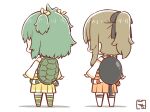  2girls adapted_costume alternate_hairstyle antenna_hair arms_at_sides artist_name assault_lily bare_shoulders black_ribbon brown_hair chibi commentary detached_sleeves facing_away from_behind frying_pan full_body gochisousama_(tanin050) green_hair green_thighhighs hair_ribbon hakama hakama_short_skirt hakama_skirt japanese_clothes kuo_shenlin long_sleeves multicolored_thighhighs multiple_girls no_shoes nontraditional_miko orange_hakama ponytail ribbon rope shimenawa shirt short_hair sidelocks simple_background skirt sleeveless sleeveless_shirt standing striped striped_thighhighs thighhighs turtle_shell two_side_up white_background white_shirt white_thighhighs wide_sleeves yellow_hakama yellow_ribbon yellow_thighhighs yoshimura_thi_mai zettai_ryouiki 
