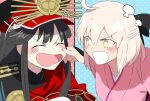  +++ 2girls ^_^ ^o^ annoyed black_bow black_hair black_headwear black_jacket blonde_hair blue_background blush bow cape cheek_pinching closed_eyes family_crest fate/grand_order fate_(series) hair_between_eyes hair_bow hat highres jacket japanese_clothes kimono laughing long_hair looking_at_another multiple_girls oda_nobunaga_(fate) oda_nobunaga_(koha-ace) oda_uri okita_souji_(fate) okita_souji_(koha-ace) open_mouth outside_border peaked_cap pinching pink_background pink_kimono pirohi_(pirohi214) polka_dot polka_dot_background red_cape short_hair upper_body v-shaped_eyebrows yellow_eyes 
