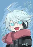  1boy :d ahoge android artist_name bangs danganronpa_(series) danganronpa_v3:_killing_harmony green_background green_eyes grey_hair headphones highres keebo kino124 looking_at_viewer open_mouth power_armor red_scarf scarf smile solo swept_bangs translation_request 