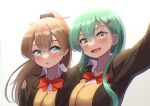  2girls blue_eyes blush brown_cardigan brown_hair brown_jacket buttons cardigan collared_shirt green_eyes green_hair hair_between_eyes hair_ornament hairclip jacket kantai_collection kumano_(kancolle) kumano_kai_ni_(kancolle) long_hair long_sleeves maku_ro multiple_girls neck_ribbon open_mouth ponytail red_ribbon ribbon shirt simple_background smile suzuya_(kancolle) suzuya_kai_ni_(kancolle) upper_body white_background white_shirt 