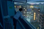  1boy air_conditioner apartment black_hair black_pants building can city clothes_hanger cloud evening grey_hoodie highres holding holding_can hood hoodie male_focus okayuu original pants scenery short_hair solo sunset sweater 