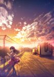  1girl blind building chain-link_fence cloud collaboration dusk fence floating_hair full_body highres hinoue_itaru kawana_misaki long_hair mary_janes mocha_(cotton) mountainous_horizon neckerchief official_art on_roof one_-_kagayaku_kisetsu_e outdoors pantyhose parted_lips promotional_art purple_eyes red_skirt rooftop scenery school_uniform serafuku shirt shoes skirt sky solo star_(sky) starry_sky sunlight twilight 