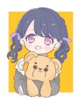  1girl bangs black_hair braid commentary_request cottonplum doll_hug fang fukumaru_koito hair_ribbon highres idolmaster idolmaster_shiny_colors looking_at_viewer object_hug open_mouth purple_eyes purple_ribbon ribbon skin_fang sleeves_past_wrists solo swept_bangs twintails yellow_background 