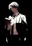  1boy bangs black_background black_eyes black_hair black_jacket black_necktie black_suit book business_suit chrollo_lucilfer closed_mouth collared_shirt earrings facial_mark forehead_mark formal hand_in_pocket hand_print highres holding holding_book hunter_x_hunter jacket jewelry looking_at_viewer male_focus necktie parted_bangs shirt short_hair sokorahenyo solo suit 