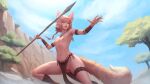  1girl animal_ears blonde_hair braid cleft_of_venus day flat_chest fox_ears fox_tail highres holding holding_polearm holding_weapon khiara_(personal_ami) leg_wrap loincloth navel nipples no_panties orange_eyes original outdoors polearm pussy solo spear tail thigh_strap throwing topless ullr uncensored weapon 