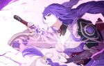  1girl braid breasts cleavage genshin_impact highres holding holding_sword holding_weapon hoshizaki_reita lightning long_hair long_sleeves looking_at_viewer musou_isshin_(genshin_impact) purple_eyes purple_hair raiden_shogun signature sword weapon wide_sleeves 