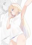  1girl armpits bad_anatomy bad_arm bangs blonde_hair blue_eyes bow bow_panties breasts commentary_request cowboy_shot from_below jervis_(kancolle) kantai_collection long_hair no_pants open_mouth panties sakurai_nana_(moshichi) shirt small_breasts solo standing underwear white_background white_panties white_shirt zoom_layer 