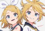  1boy 1girl ahoge androgynous anniversary back-to-back bangs bare_shoulders blonde_hair blue_eyes bow brother_and_sister commentary fang grin hair_bow hair_ornament hairclip happy_birthday headphones headset kagamine_len kagamine_rin looking_at_viewer necktie number_tattoo open_mouth parted_bangs sailor_collar sawashi_(ur-sawasi) shirt short_ponytail shoulder_tattoo siblings sleeveless sleeveless_shirt smile tattoo translated twins vocaloid white_bow yellow_necktie 