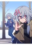  2girls 3_3 :o absurdres bangs black_sweater blue_footwear blue_jacket blue_pants blue_sky brown_coat closed_eyes closed_mouth coat commentary_request dual_persona fu_hua fu_hua_(herrscher_of_sentience) full_body glasses hair_ornament highres honkai_(series) honkai_impact_3rd imtmcomics jacket long_hair long_sleeves looking_at_viewer multiple_girls open_mouth outdoors pants ponytail red_eyes sky smile snowing standing sweater track_jacket track_pants tree turtleneck turtleneck_sweater 
