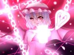  1girl aliasing bad_id bad_pixiv_id fang hat light_purple_hair looking_at_viewer miserable_fate mob_cap open_hand purple_hair red_eyes remilia_scarlet solo spade_(shape) spell_card touhou wrist_cuffs yuu_(yuem) 