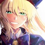  1girl :d artoria_caster_(fate) artoria_caster_(second_ascension)_(fate) artoria_pendragon_(fate) bangs black_headwear blonde_hair blue_cape blue_headwear blush bow cape collared_shirt commentary_request fate/grand_order fate_(series) green_eyes hair_between_eyes highres long_hair long_sleeves looking_at_viewer portrait reiro_sakura shirt simple_background smile solo upper_body white_background white_shirt 