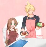  1boy 1girl aerith_gainsborough alternate_costume apron artist_name bangs black_shirt blonde_hair blush bowl breasts brown_dress brown_hair casual chair closed_eyes cloud_strife dated dress excited final_fantasy final_fantasy_vii final_fantasy_vii_remake food fork green_eyes hair_between_eyes hair_ribbon hands_up hardboiled_egg holding holding_bowl jewelry krudears long_hair long_sleeves medium_breasts necklace open_mouth parted_bangs pasta pink_apron pink_background ribbon salad salad_bowl shirt short_hair sidelocks sitting sleeves_rolled_up smile sparkle spiked_hair twitter_username upper_body wavy_hair 