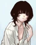  1girl bangs black_eyes black_hair blue_background breasts cleavage closed_mouth collarbone karutade looking_at_viewer medium_breasts open_clothes open_shirt original red_nails shirt short_hair simple_background solo upper_body white_shirt wide_sleeves 