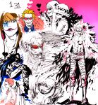  3boys aged_down bangs black_coat blonde_hair blood blood_on_face blush brown_cape cape coat donquixote_doflamingo donquixote_rocinante earrings full_body heart injury jewelry makeup mawari28 multiple_boys one_eye_covered one_piece open_clothes open_shirt partially_colored pink_coat red-tinted_eyewear short_hair smile sunglasses tinted_eyewear traditional_media trafalgar_law variations 