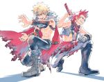  2boys abs alternate_universe arm_behind_head arm_on_knee backlighting bakugou_katsuki bangs belt belt_buckle black_belt black_footwear black_pants blonde_hair boku_no_hero_academia boots brown_belt buckle cape commentary cross-laced_footwear detached_sleeves earrings elbow_pads eyebrows_hidden_by_hair floating_cape full_body fur-trimmed_boots fur-trimmed_cape fur_trim gloves grey_gloves grey_pants grin hand_up holding holding_sword holding_weapon jewelry katana kirishima_eijirou knee_boots knee_pads lace-up_boots looking_ahead magatama magatama_earrings medieval multicolored_hair multiple_boys necklace no_nipples no_shirt official_alternate_costume open_clothes open_mouth open_vest orange_sleeves outstretched_arms pants red_eyes red_hair ritsuko_(rittii) sanpaku sharp_teeth sheath sheathed short_eyebrows short_hair side-by-side simple_background single_bare_arm single_glove smile spiked_hair squatting streaked_hair sword sword_behind_back teeth toned toned_male tooth_necklace torn_cape torn_clothes triangle_print v-shaped_eyebrows vest waist_cape weapon white_background 
