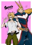  2boys abs all_might antenna_hair belt black_belt black_sclera blonde_hair blue_bodysuit blue_eyes bodysuit boku_no_hero_academia border bulge character_name collarbone colored_sclera commentary_request copyright_name double_v dual_persona fortnite green_pants grin hand_on_hip hand_on_own_neck highres large_pectorals male_focus midriff_peek multiple_boys muscular muscular_male musical_note outside_border pants pectorals pink_background rose04111988 shirt short_hair short_sleeves signature simple_background skin_tight smile spoken_musical_note standing teeth v white_border white_shirt yagi_toshinori 