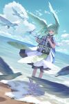  1girl beach bird birdcage blue_sky blurry blurry_foreground cage cloud day dress dutch_angle english_commentary feathered_wings green_hair head_wings highres medium_hair mt_(ringofive) ocean original outdoors purple_eyes short_sleeves sky water wings 