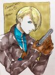  1boy absurdres bangs blonde_hair blue_eyes blue_shirt brown_jacket chrono_cross commentary_request copyright_name dated gun hair_over_one_eye handgun highres holding holding_gun holding_weapon jacket male_focus norris_(chrono_cross) parted_lips shirt short_hair signature solo tokio_(okt0w0) traditional_media upper_body weapon 