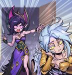  2girls annoyed armor bangs bare_arms bare_shoulders breastplate breasts cleavage collarbone dress emphasis_lines feathers feet_out_of_frame gold_armor grey_hair holding holding_feather kayle_(league_of_legends) large_breasts league_of_legends looking_at_another medium_hair morgana_(league_of_legends) multicolored_background multiple_girls off-shoulder_dress off_shoulder open_door open_mouth phantom_ix_row pink_dress pink_eyes pointy_ears purple_hair shiny shiny_hair shoulder_armor siblings sisters standing teeth wrist_cuffs yellow_eyes 