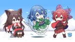  3girls absurdres animal_ears black_footwear black_hair blue_eyes blue_hair blue_sky bow bucket chair cloak cloud dress fishing fishing_rod full_body grass_root_youkai_network green_kimono hair_bow head_fins highres holding holding_fishing_rod ice_fishing imaizumi_kagerou japanese_clothes kimono long_hair mermaid monster_girl multiple_girls open_mouth outdoors purple_bow red_eyes red_hair red_scarf red_skirt sash scarf sekibanki short_hair sitting skirt sky standing tail torinari_(dtvisu) touhou wakasagihime white_dress wolf_ears wolf_girl wolf_tail 