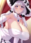  1girl azur_lane blue_eyes blue_gemstone breasts detached_collar dress elbow_gloves from_below gem gloves hanging_breasts hat highres huge_breasts illustrious_(azur_lane) long_hair looking_at_viewer solo strapless strapless_dress sun_hat wee_(weeyy) white_dress white_gloves white_hair white_headwear 