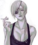  1girl black_tank_top breasts chainsaw_man cigarette cleavage eyepatch grey_background grey_hair greyscale highres holding holding_cigarette long_hair looking_at_viewer medium_breasts monochrome ponytail quanxi_(chainsaw_man) simple_background smoking solo tank_top yohohoi 