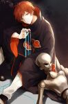  1boy absurdres akatsuki_uniform black_nails feet_out_of_frame head_tilt highres looking_at_viewer magic male_focus marionette naruto_(series) naruto_shippuuden orange_eyes puppet puppet_strings red_hair sasori_(naruto) short_hair sitting solo wowishi 